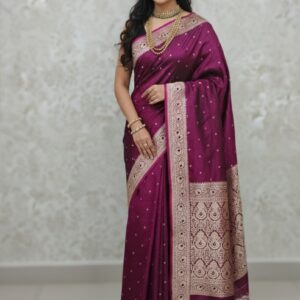 Wine Purple Banarasi Saree - Traditional Festive Silk with Zari Butta