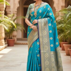 Sky Blue Katan Banarasi Silk Saree with Gold Zari Buta Work