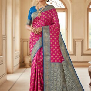 Katan Silk Banarasi Saree in Bright Pink and Sky Blue with Gold Zari Border