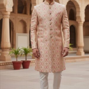 Manyavar Wedding Sherwani - Cream with Pink & Gold Medallion Motifs