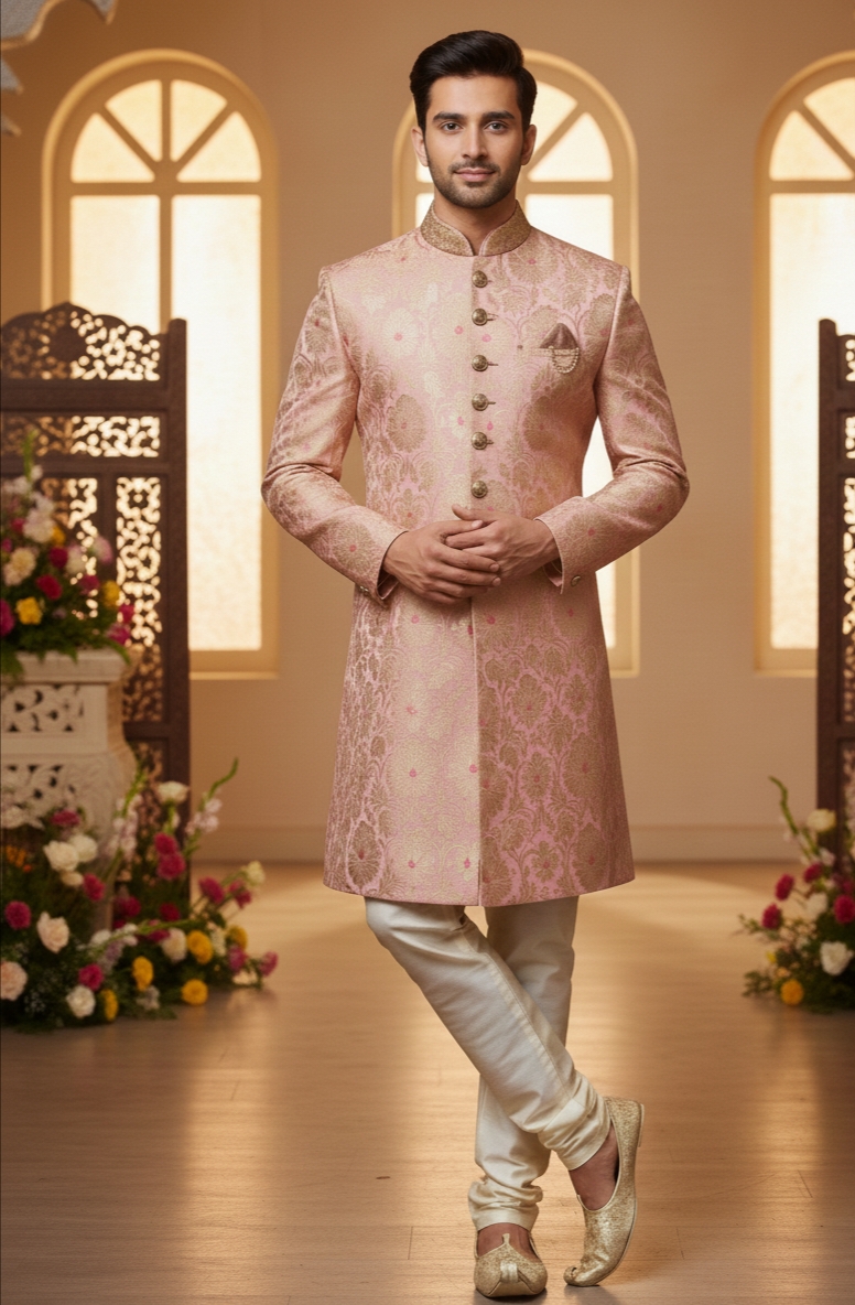 manyavar-wedding-sherwani-for-menunstitched-peach-gold-floral-brocade-indo-western-set