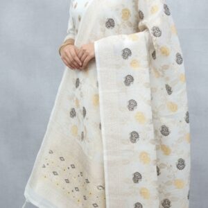 Elegant White & Gold Banarasi Silk Salwar Suit Set with Rich Woven Dupatta – 3-Piece Unstitched Festive Ensemble