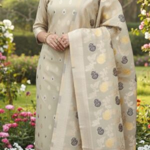 Elegant Beige Banarasi Silk Unstitched Suit Set with Zari Weaving & Rich Dupatta