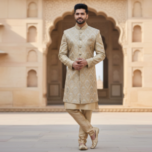 Champagne Gold Banarasi Brocade Indo-Western Sherwani Set with Silk Chudidar