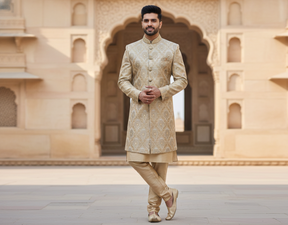 champagne-gold-banarasi-brocade-indo-western-sherwani-set-with-silk-chudidar