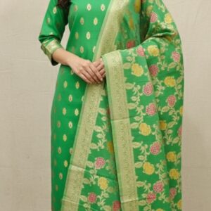 Women’s Emerald Green Banarasi Silk Salwar Suit Set with Floral Meenakari Dupatta