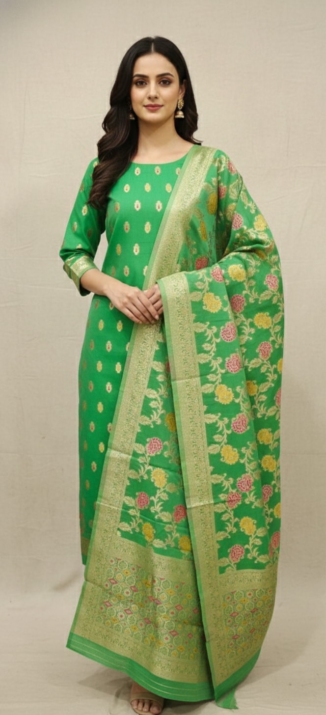 womens-emerald-green-banarasi-silk-salwar-suit-set-with-floral-meenakari-dupatta