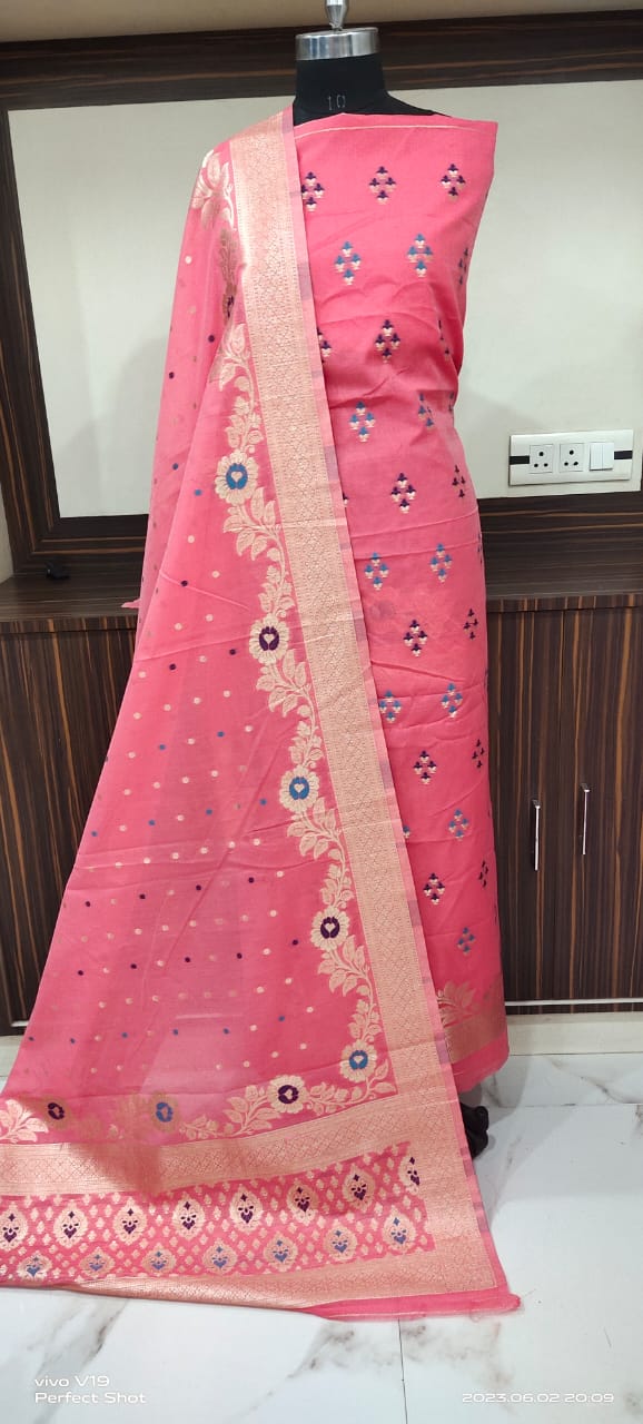 Elegant Peach Chanderi Silk Unstitched Salwar Suit Set with Woven Banarasi Dupatta - Image 2