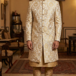 Men’s Regal Gold Banarasi Brocade Indo-Western Sherwani Set