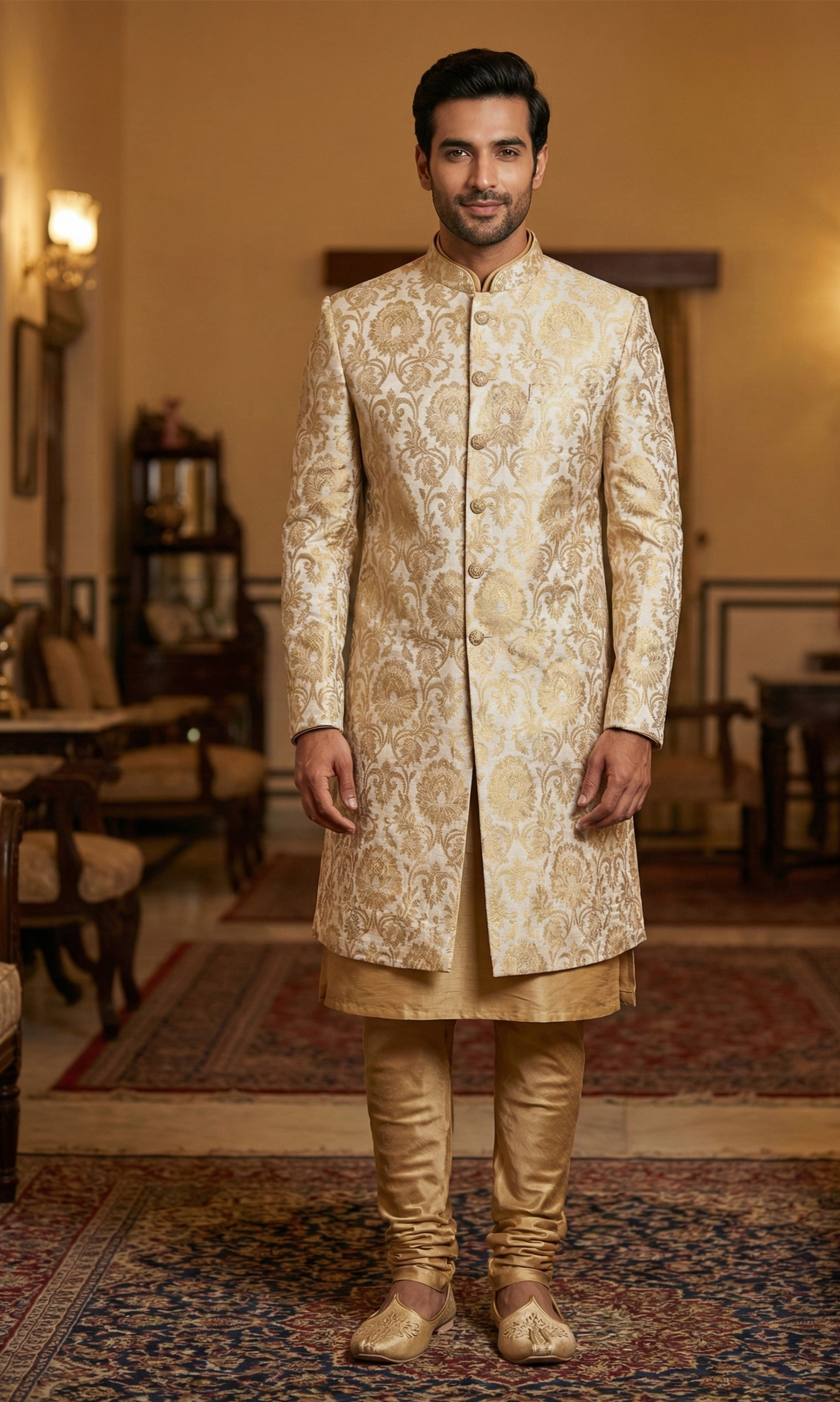 mens-regal-gold-banarasi-brocade-indo-western-sherwani-set