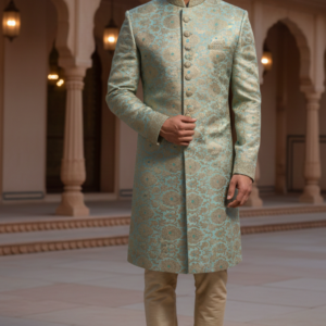 Men’s Seafoam Green & Gold Banarasi Brocade Indo-Western Sherwani Set