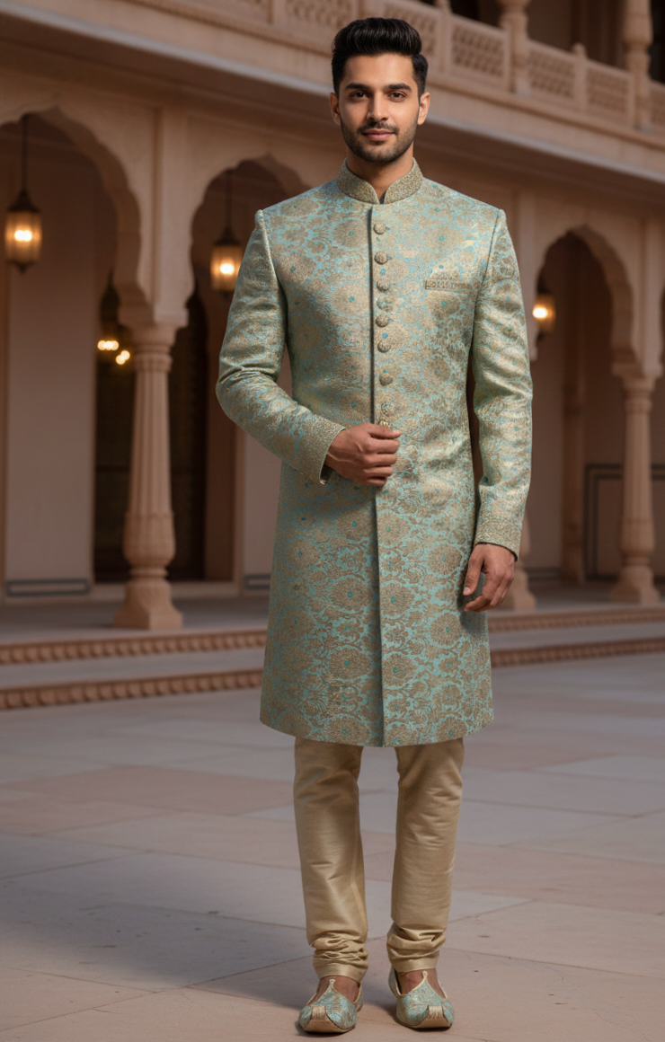 mens-seafoam-green-gold-banarasi-brocade-indo-western-sherwani-set