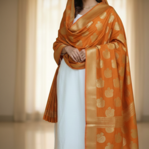 Mustard Orange Banarasi Silk Handloom Dupatta with Gold Zari Buta