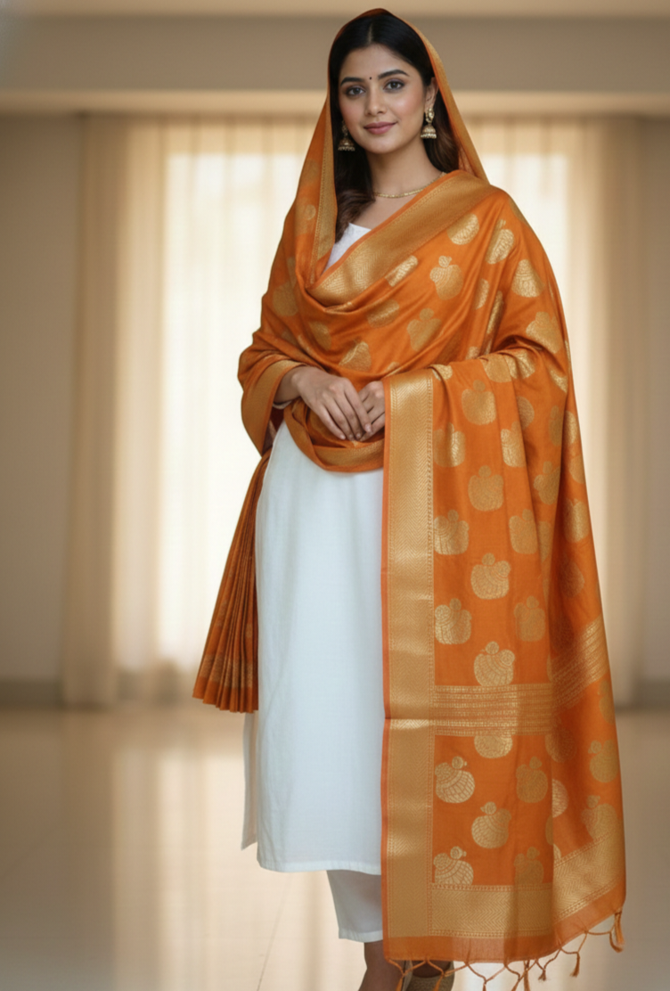 mustard-orange-banarasi-silk-handloom-dupatta-with-gold-zari-buta