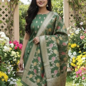 Olive Green Banarasi Silk Unstitched Salwar Kameez Set with Floral Meenakari Dupatta