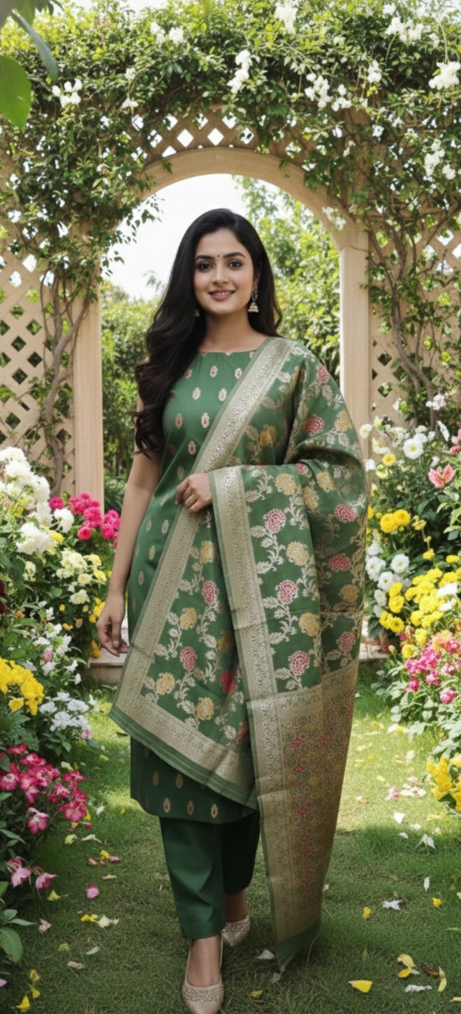 olive-green-banarasi-silk-unstitched-salwar-kameez-set-with-floral-meenakari-dupatta