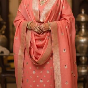 Heritage Collection: Peach & Gold Hand-Woven Banarasi Silk Suit