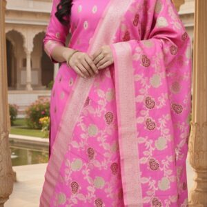 Rani Pink Banarasi Silk Unstitched Salwar Suit Set with Rich Floral Zari Dupatta