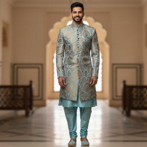 Powder Blue & Gold Banarasi Brocade Indo-Western Sherwani Set with Chudidar