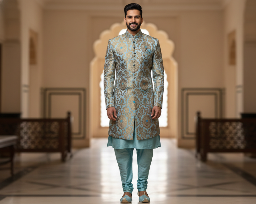powder-blue-gold-banarasi-brocade-indo-western-sherwani-set-with-chudidar