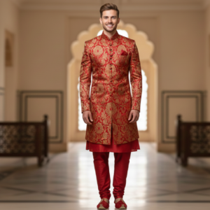 Majestic Red and Gold Banarasi Silk Indo-Western Sherwani for Men