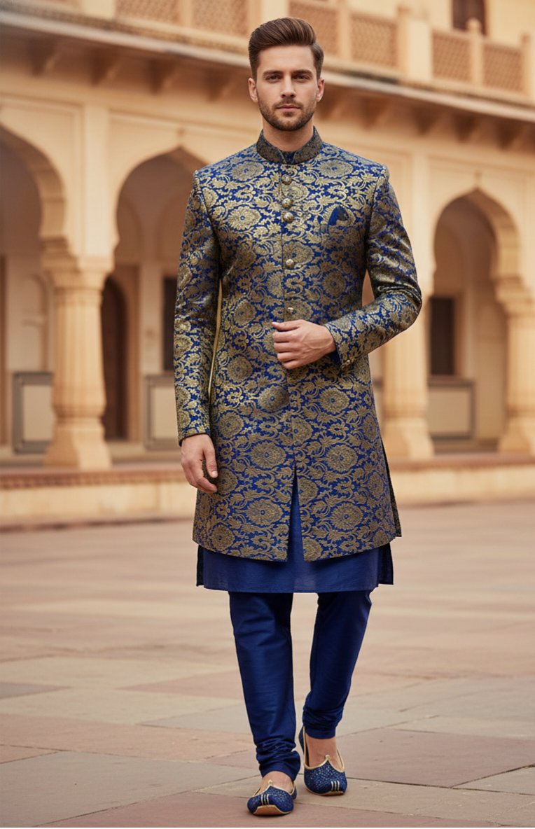 royal-blue-and-gold-banarasi-silk-indo-western-sherwani-set-for-men