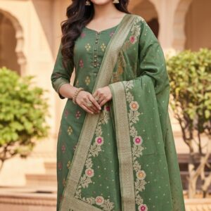 Sage Green Banarasi Silk Unstitched Salwar Suit Set with Floral Zari Borders
