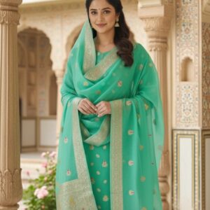 Seafoam Green Banarasi Chanderi Silk Salwar Suit Set with Zari Border Dupatta