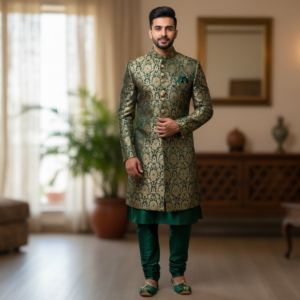 Emerald Green and Gold Banarasi Silk Indo-Western Sherwani for Men