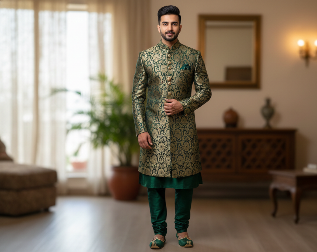 emerald-green-and-gold-banarasi-silk-indo-western-sherwani-for-men