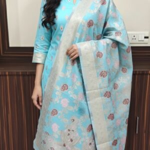Sky Blue Banarasi Silk Unstitched Salwar Kameez Set with Floral Weave Dupatta