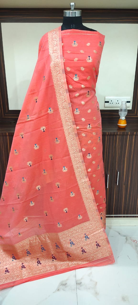 Heritage Collection: Peach & Gold Hand-Woven Banarasi Silk Suit - Image 2