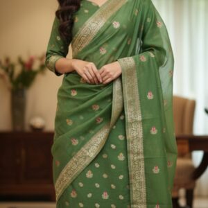 Emerald Green Chanderi Silk Unstitched Salwar Kameez Dupatta with Gold Zari Embroidery