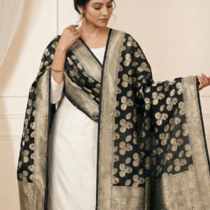 Elegant Black Handloom Banarasi Silk Dupatta with Antique Gold Buta