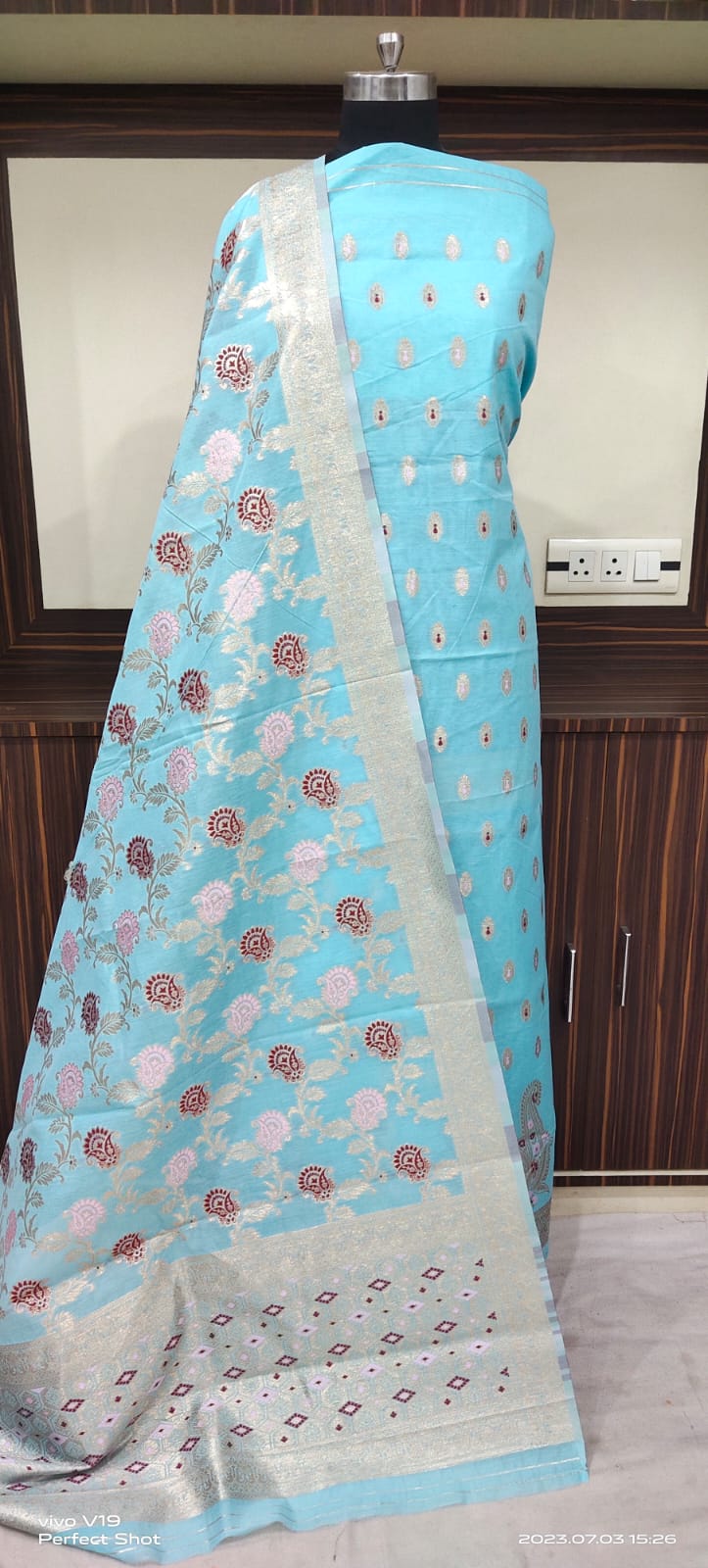 Sky Blue Banarasi Silk Unstitched Salwar Kameez Set with Floral Weave Dupatta - Image 2