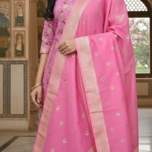 Premium Pink Banarasi Silk Unstitched Suit Set with Floral Jaal Work & Zari Border Dupatta
