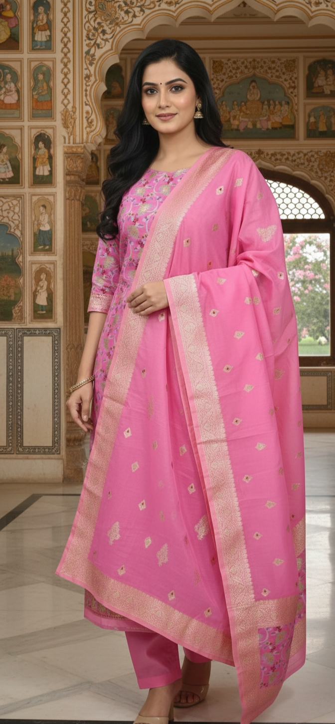 premium-pink-banarasi-silk-unstitched-suit-set-with-floral-jaal-work-zari-border-dupatta