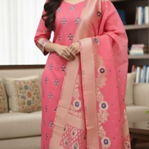 Elegant Peach Chanderi Silk Unstitched Salwar Suit Set with Woven Banarasi Dupatta