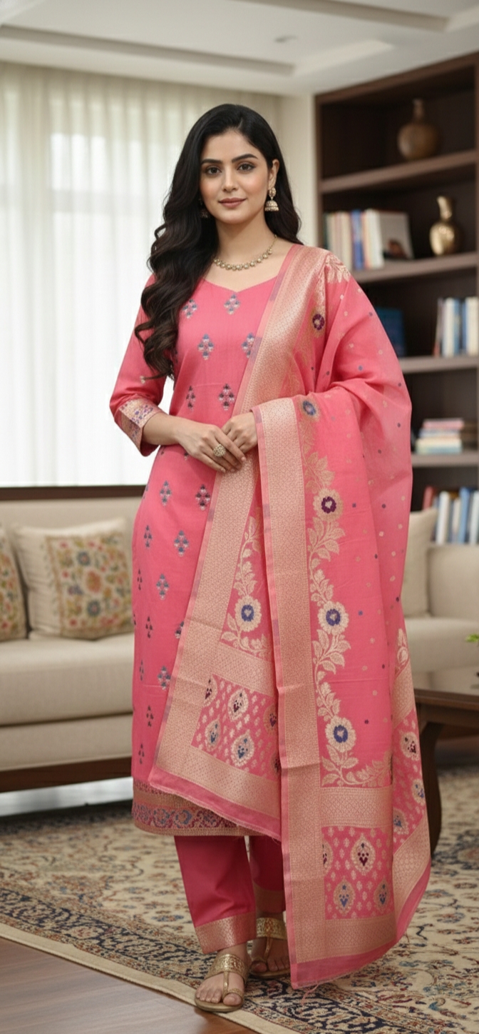 Elegant Peach Chanderi Silk Unstitched Salwar Suit Set with Woven Banarasi Dupatta