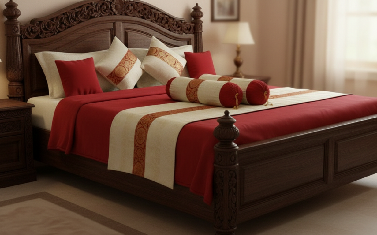 Off-white & Maroon Brocade Banarasi bedsheet set - Image 2