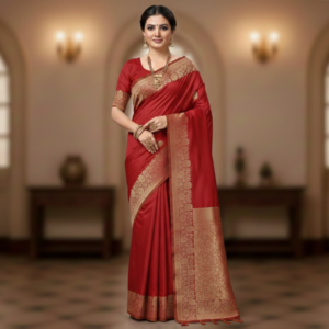 Red colour plain Banarasi Mushru silk saree