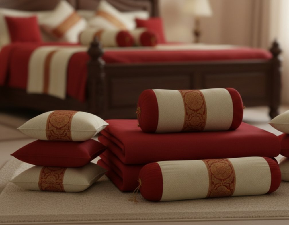 Off-white & Maroon Brocade Banarasi bedsheet set - Image 3