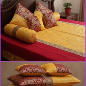 Yellow & Red Brocade Banarasi Silk Bedsheet Set