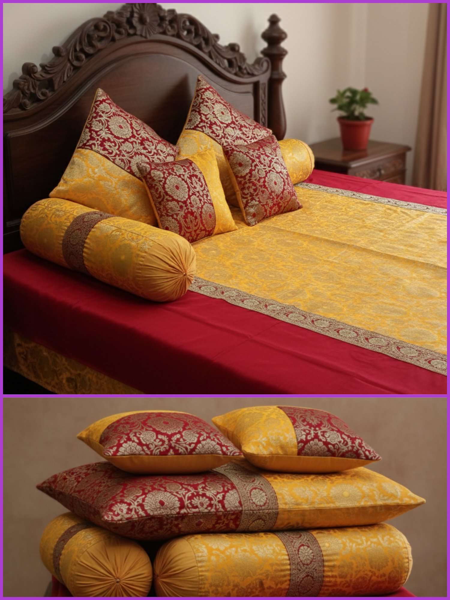yellow-red-brocade-banarasi-silk-bedsheet-set