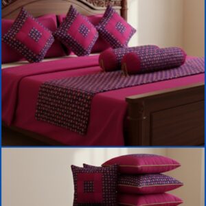 Rani pink check box design brocade Banarasi silk bedsheet set