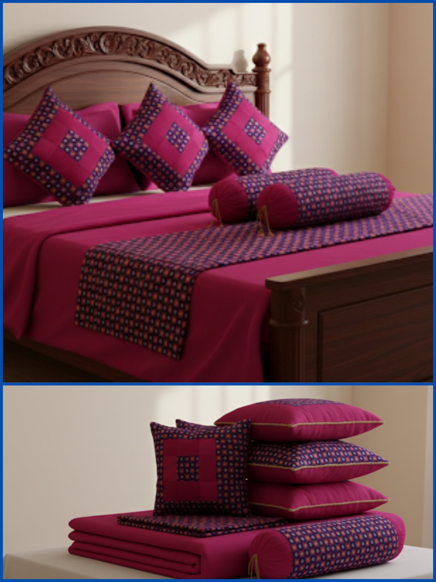 rani-pink-check-box-design-brocade-banarasi-silk-bedsheet-set