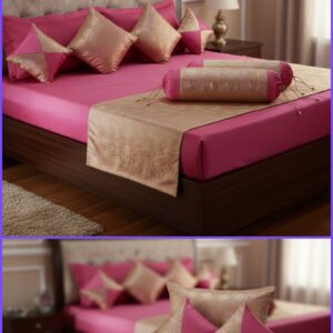 Peach colour Brocade Banarasi silk bedsheet set