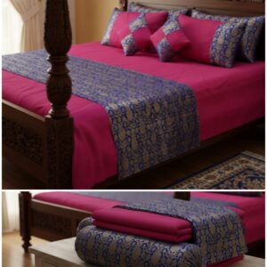 Rani pink and Royal blue colour Brocade Banarasi bedsheet set