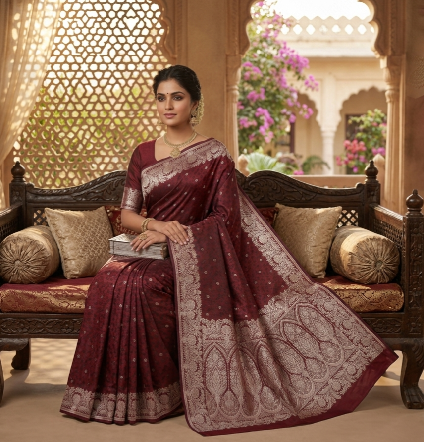 Dark Chocolate Brown Tanchoi Banarasi Silk Saree with zari embroidery - Image 2