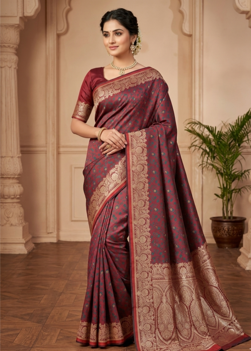 Crimson Tanchoi Banarasi Silk Saree with zari embroidery - Image 2